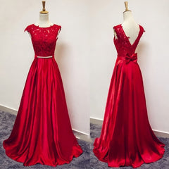 Red Satin and Lace Round Neckline Evening Gown, A-line Formal Gown