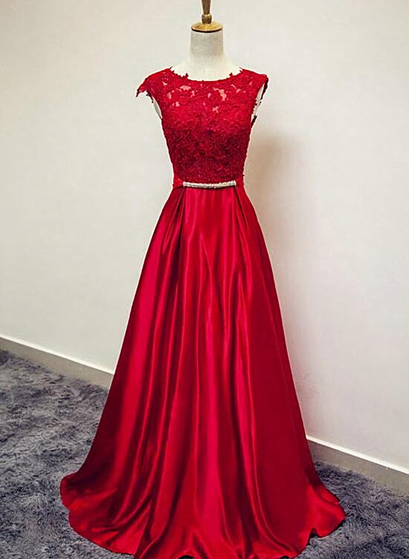 Red Satin and Lace Round Neckline Evening Gown, A-line Formal Gown