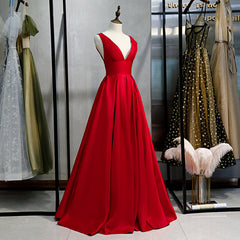 Red Satin Deep V-neckline Prom Gown, Red Floor Length Evening Gown