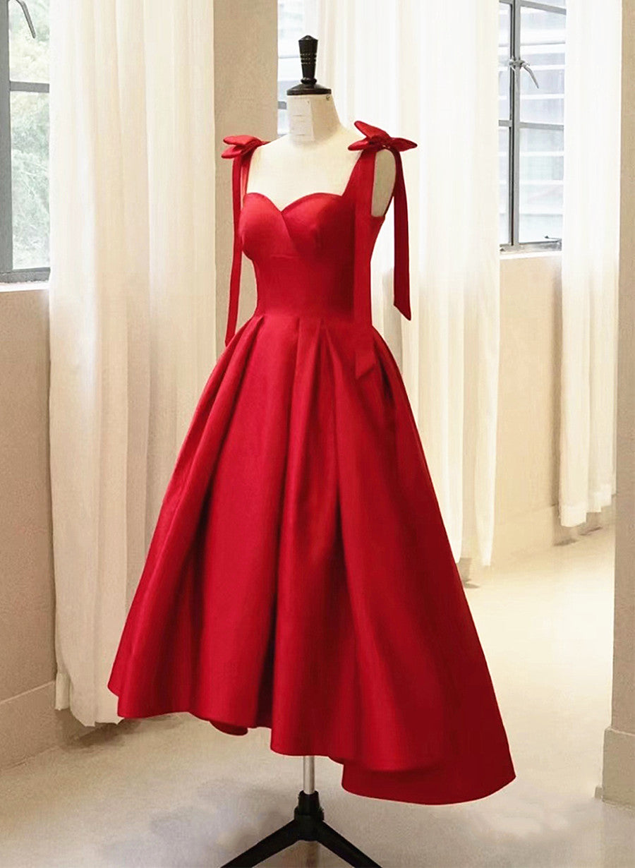 Red Satin High Low Formal Dress with Bow, Red Prom Dress Party Dress