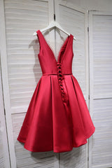 Red Satin V-neckline Knee Length Homecoming Dress, Red Short Prom Dress