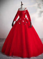 Red Tulle Ball Gown Off Shoulder Long Party Dress, Red Sweet 16 Dresses