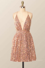 Rose Gold Sequin Straps A-line Short Party Dress