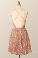 Rose Gold Sequin Straps A-line Short Party Dress