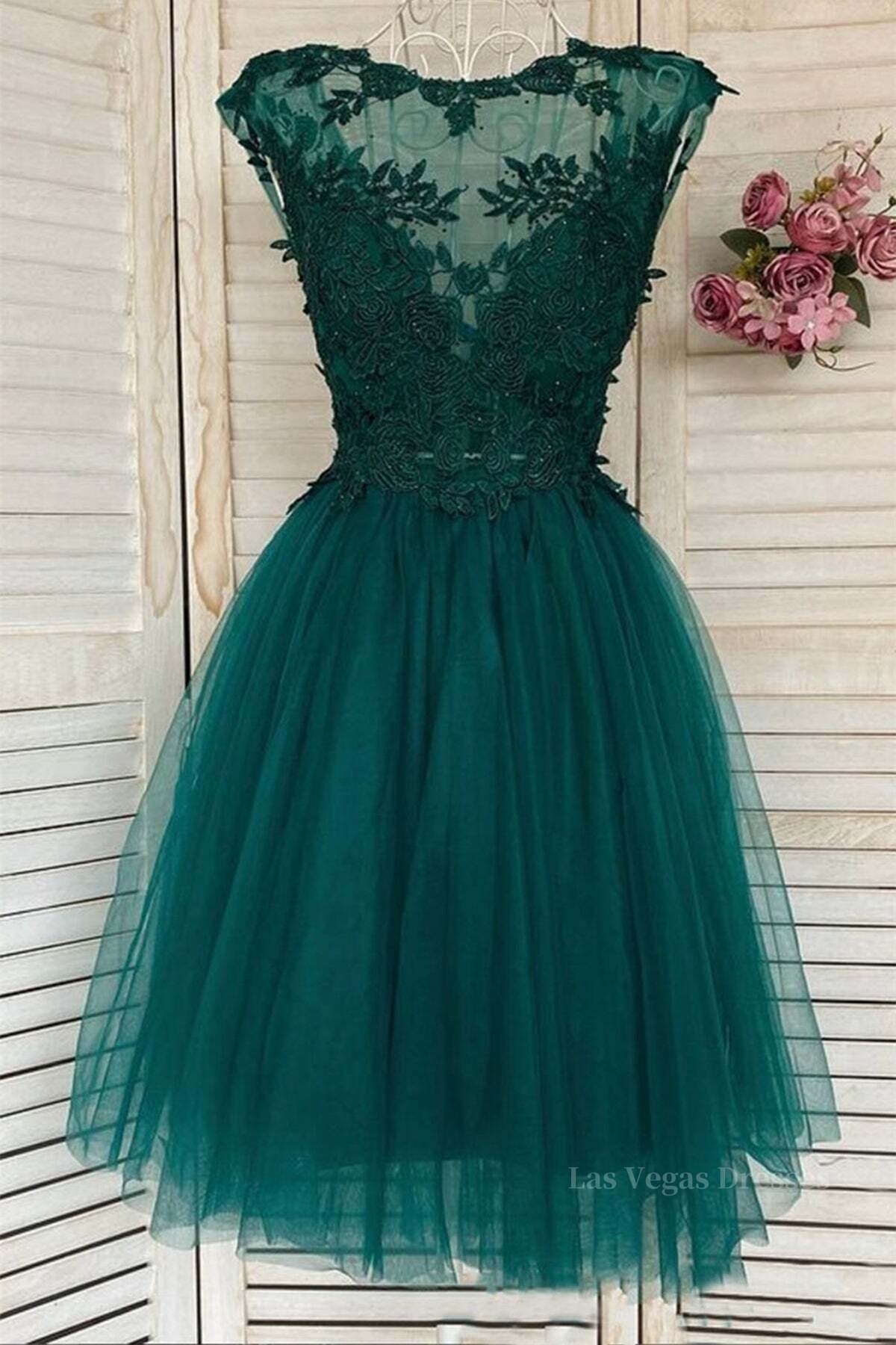 Round Neck Beaded Green Lace Short Prom Homecoming Dress, Short Green Lace Formal Graduation Evening Dress
