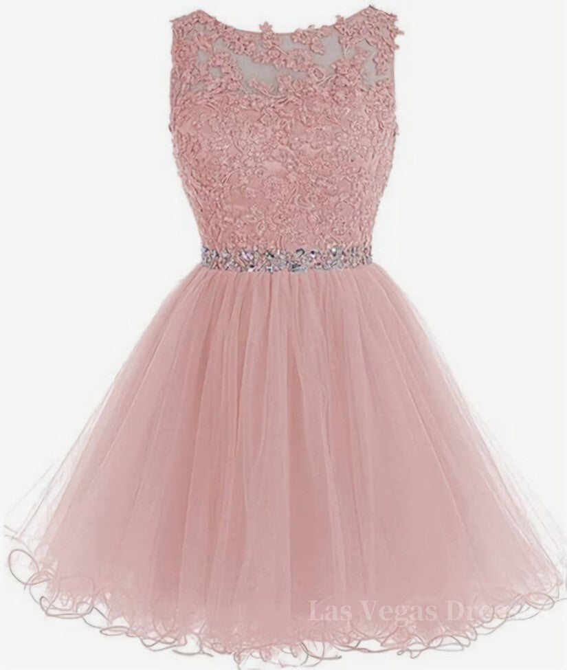 Round Neck Lace Short Pink Prom Dresses, Pink Homecoming Dresses, Short Pink Formal Dresses