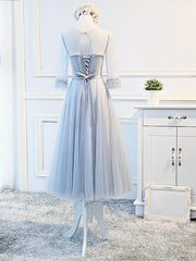Round Neck Long Sleeves Blue Prom Dresses, Long Sleeves Blue Formal Bridesmaid Evening Dresses