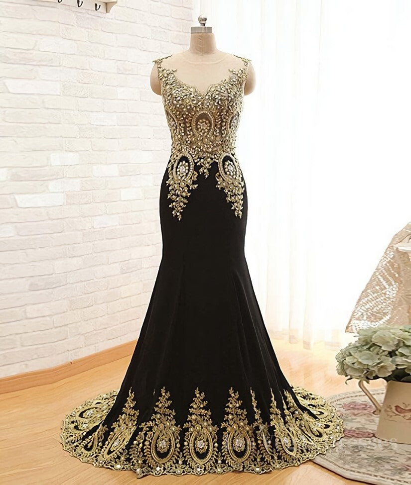 Round Neck Mermaid Lace Applique Black Prom Dresses, Lace Black Formal Dresses
