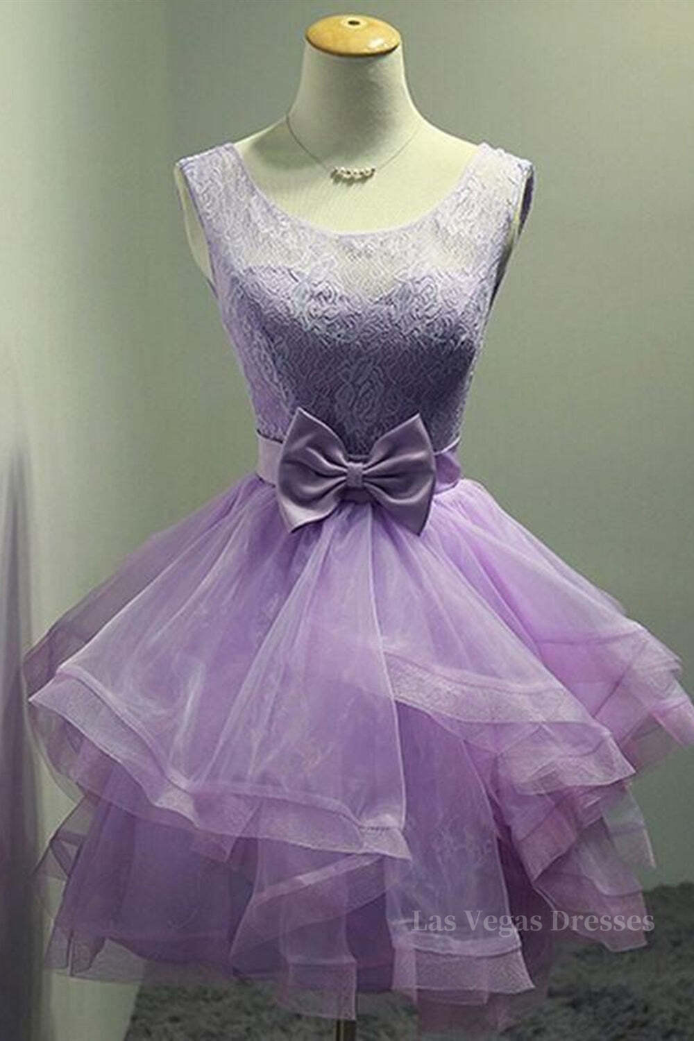 Round Neck Purple Lace Short Prom Dresses, Lilac Lace Homecoming Dresses, Purple Formal Evening Dresses