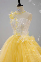Round Neck Yellow Lace Tulle Prom Dress, Yellow Lace Short Homecoming Dress, Yellow Formal Graduation Evening Dress