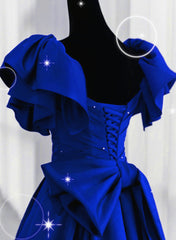 Royal Blue Satin Long Sweetheart Party Dress, Blue Satin Prom Dress
