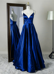 Royal Blue Satin Straps V-neckline Long Formal Dress, Royal Blue Prom Dress Evening Dress