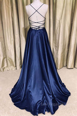 Royal Blue V Neck Backless Satin Long Prom Dresses, Royal Blue Formal Dresses, Backless Royal Blue Evening Dresses