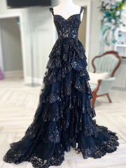 A-Line Sweetheart Neck Tulle Sequin Black Long Prom Dress, Sequin Black Long Formal Evening Dress