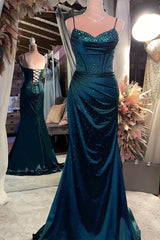 Satin Beaded V Neck Lace-Up Back Mermaid Long Formal Dress Maxi Event Dresses