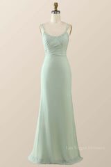 Scoop Mint Green Chiffon Pleated Long Bridesmaid Dress
