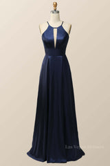 Scoop Navy Blue Halter Long Dress with Keyhole