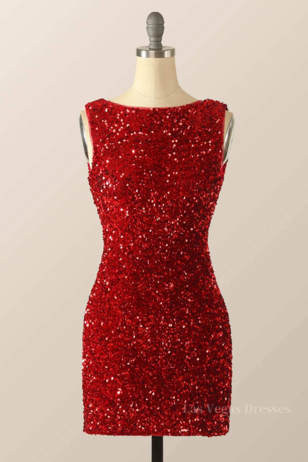 Scoop Red Sequin Tight Mini Dress with Cowl Back