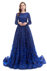 Sequins Long Sleeve Feather A-line Floor Length Prom Dresses