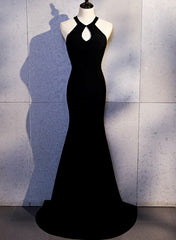 Sexy Black Mermaid Long Halter Evening Dress, Black Prom Dress