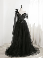 Sexy Black One Shoulder Tulle Sweetheart Sequins Party Dress, Black Evening Gown