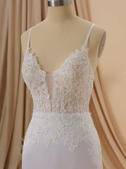 Sheath Satin Chiffon V-neck Appliques Lace Sweep Train Wedding Dress