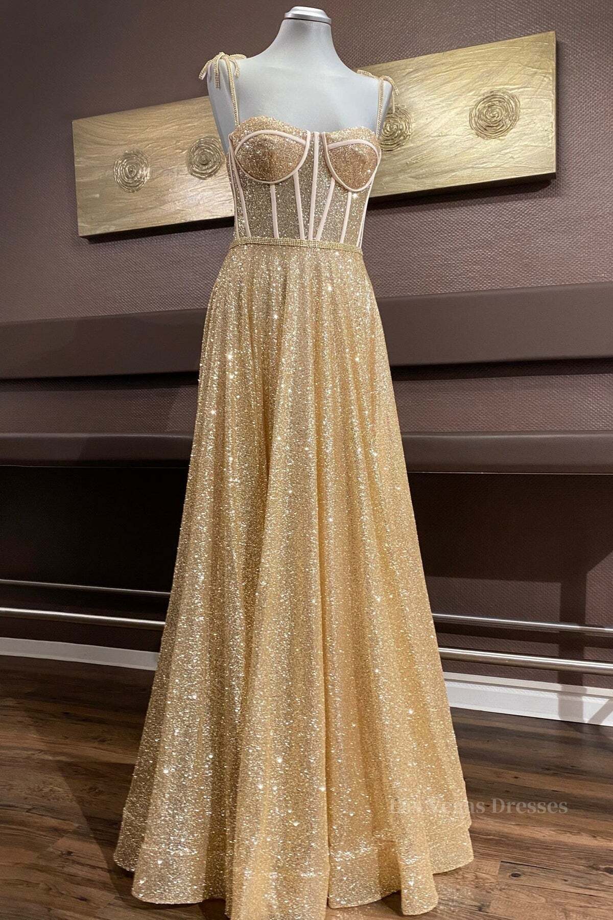 Shiny A Line Spaghetti Straps Gold Prom Dresses Long, Sweetheart Neck Golden Formal Dresses, Gold Tulle Evening Dresses WT1856