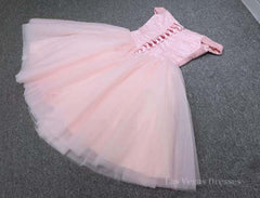 Shiny Beadings Off the Shoulder Pink Short Homecoming Prom Dress, Off Shoulder Pink Beaded Formal Graduation Evening Dress