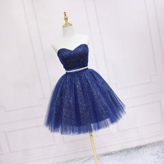 Shiny Blue Tulle Sweetheart Homecoming Dress Party Dress, Navy Blue Short Prom Dress