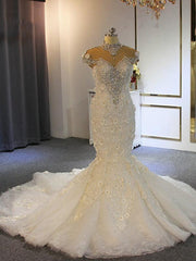 Shiny Crystal High Neck Floral Wedding Dresses Sheer Tulle Sleeveless Mermaid Bridal Gowns