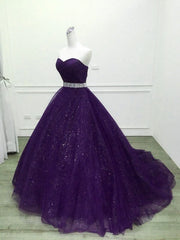 Shiny Purple Tulle Beaded Ball Gonw Party Dress, Purple Prom Dresses