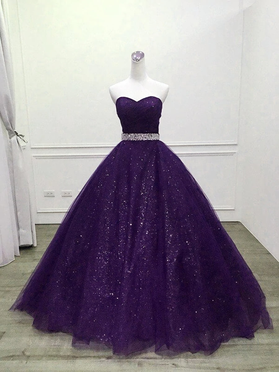 Shiny Purple Tulle Beaded Ball Gonw Party Dress, Purple Prom Dresses