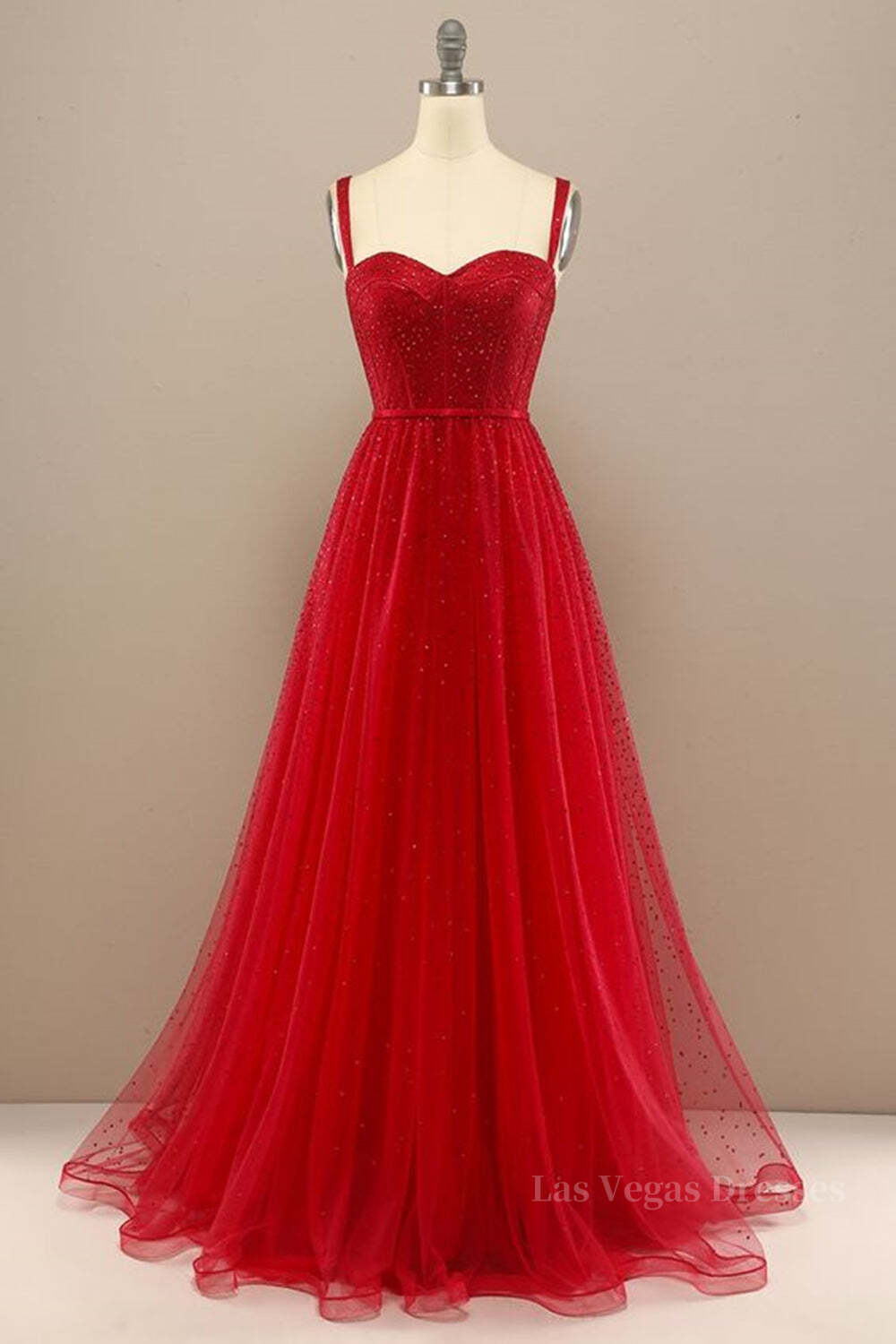 Shiny Sweetheart Neck Red Tulle Beaded Long Prom Dresses, Open Back Red Tulle Formal Graduation Evening Dresses