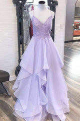 Shiny V Neck Purple Lace Long Prom Dresses, Purple Lace Formal Evening Dresses, Purple Ball Gown