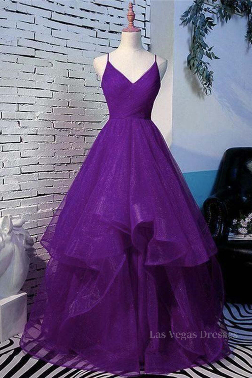 Shiny V Neck Purple Long Prom Dresses, Long Purple Formal Evening Dresses, Purple Ball Gown