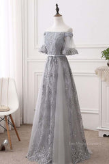 Short Sleeves Grey Lace Long Prom Dresses, Short Sleeves Gray Lace Long Formal Evening Dresses