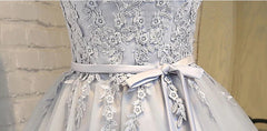 Short Sleeves Silver Gray Lace Prom Dresses, Lace Graduation Homecoming Dresses