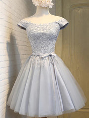 Short Sleeves Silver Gray Lace Prom Dresses, Lace Graduation Homecoming Dresses