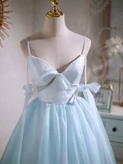 Short V Neck Beaded Blue Prom Dresses, Short Blue V Neck Formal Homecoming Dresses
