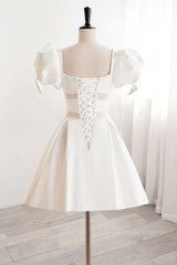 Short White Beaded Prom Dresses, Short White Beaded Formal Homecoming Dresses