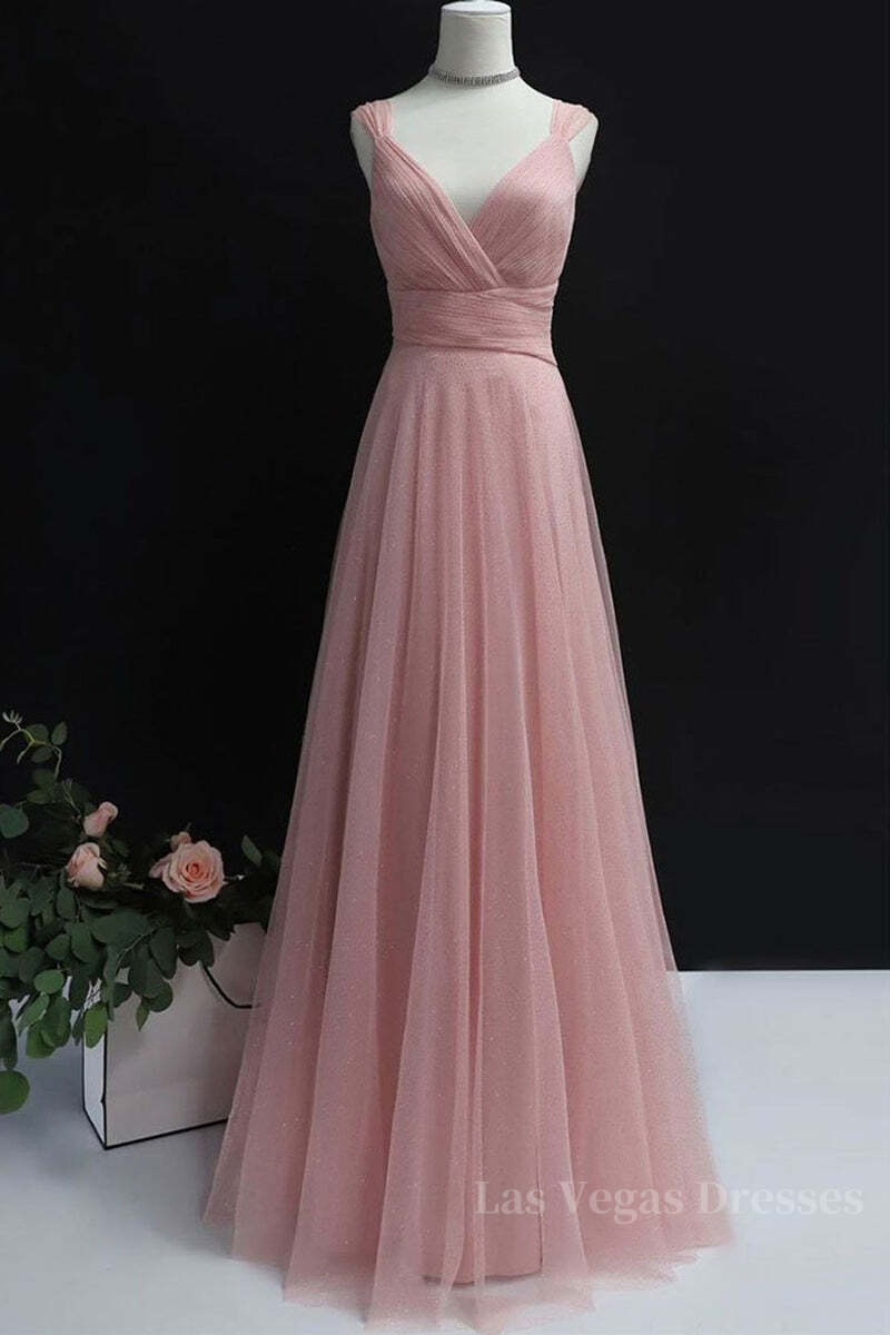 Simple A Line V Neck Pink Tulle Long Prom Dress Bridesmaid Dress, V Neck Pink Formal Dress, Pink Evening Dress