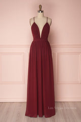 Simple burgundy chiffon long prom dress burgundy formal dress