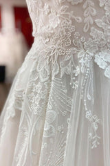Simple Long A-line Tulle Lace V Neck Appliques Lace Open Back Wedding Dress