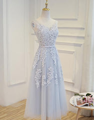 Simple Pretty Light Grey Tea Length Prom Dress, Tea Length Bridesmaid Dress