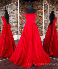 Simple red satin long prom dress, red backless long evening dress