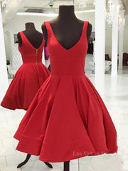 Simple Short V Neck Red Satin Prom Dresses, Short Red Formal Homecoming Dresses