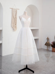 Simple V Neck Tulle Tea Length White Prom Dress, White Bridesmaid Dress