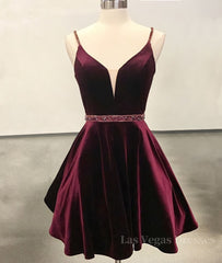 Simple v neck velvet short burgundy prom dress, burgundy homecoming dress