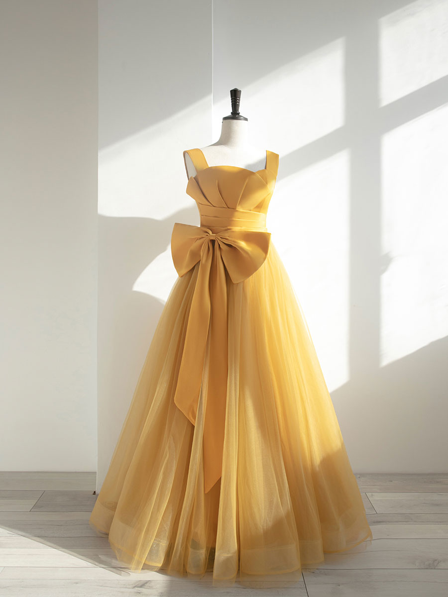 Simple Yellow Tulle Long Prom Dress, Yellow Formal Bridesmaid Dresses