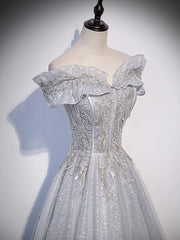 Sliver-Grey Shiny Tulle Off Shoulder  Prom Dress, Sliver Long Party Dresses
